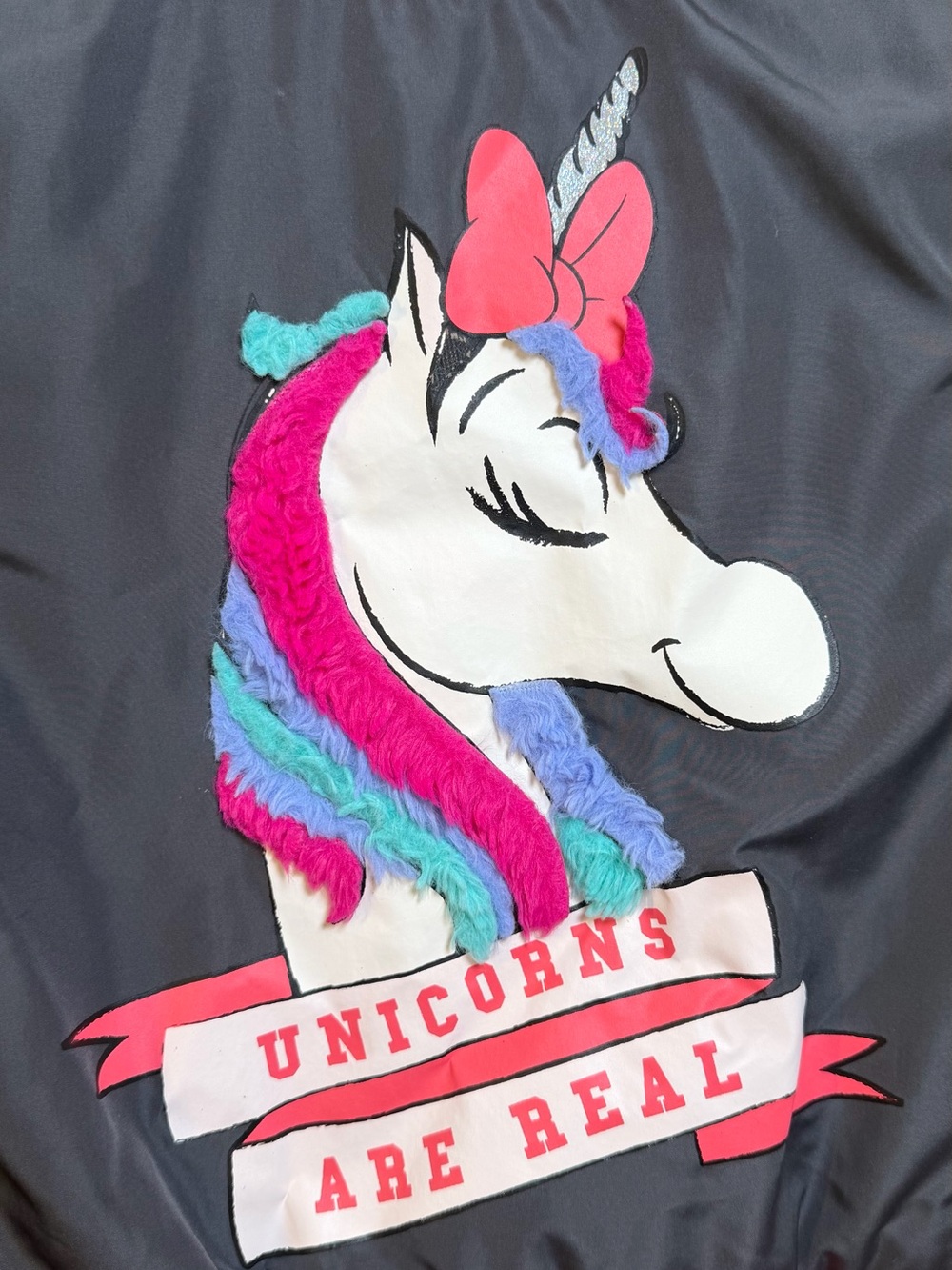 Girls Black Unicorn Jacket with Pink & Teal Accents